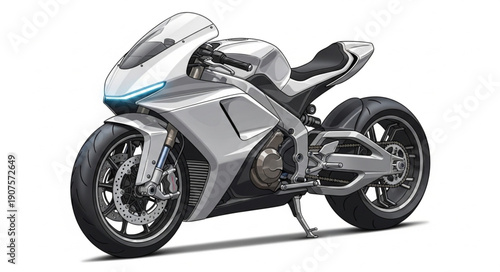 Modern Silver Sport Motorcycle Isolated on White Background.