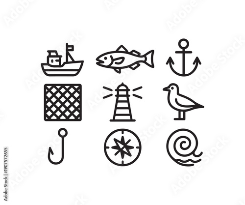 A Collection of Minimalist Black Line Icons for Sea and Fishing