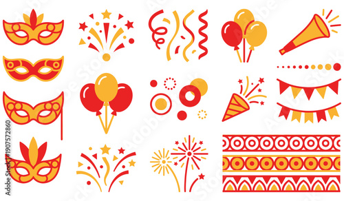 Colorful assortment of party decorations and celebration icons