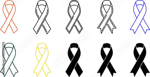 Set of diverse awareness ribbon icons in black and white vector illustration