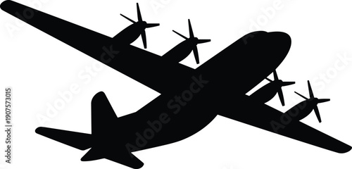 Four engine turboprop airplane silhouette, heavy military cargo transport aircraft vector illustration, propeller airlift plane isolated aviation design element