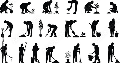 Gardening silhouettes set, people planting watering and cultivating plants, landscaper work activities collection, outdoor horticulture vector illustration isolated