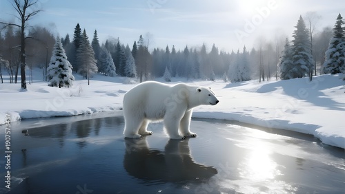 A polar bear is standing on thin ice in a snowy forest landscape with soft sunlight.