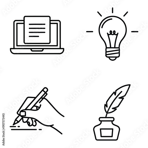 Collection of icons: laptop with document, lightbulb, hand writing with pen, and inkwell with quill, for ideas and writing.