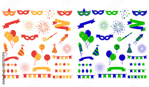 Colorful carnival masks and party accessories collection on a festive background
