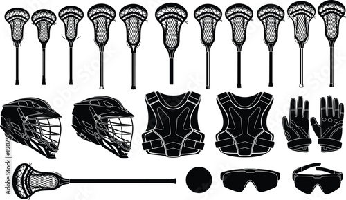 Lacrosse Equipment Silhouette Set Including Sticks Helmets Gloves Chest Protectors and Ball Isolated on White Background for Sports Design