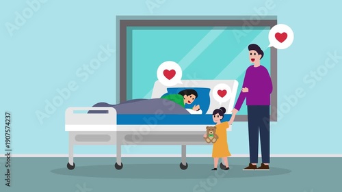 Family visiting child in hospital ward with doctor providing support cartoon animation