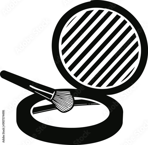 Collection of black and white vector illustrations featuring open makeup powder compacts with mirrors and professional cosmetic brushes or applicators isolated on white background