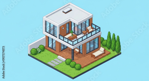 Modern Two Story House with Balcony and Green Yard.