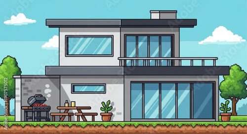 Modern Two Story House with Balcony and Outdoor Grill.