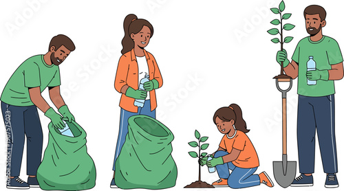 Diverse group of people cleaning up and planting trees for environmental protection.