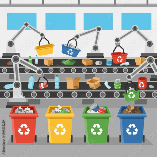 Recycling Facility with Robotic Arms Sorting Waste.