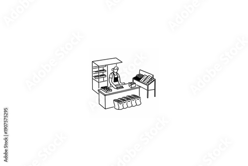 A charming illustration depicting a small shop stall with a vendor serving customers and various goods displayed