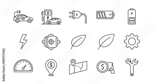 Electric Vehicle Charging Station and Battery Icons Set.
