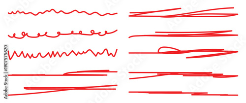 Abstract red brush strokes set, hand drawn underline and scribble texture elements. Rough wavy zigzag patterns or straight horizontal elements. Artistic sketch isolated on white background. 