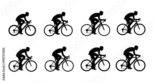 Eight Silhouettes of Cyclists in Motion on White Background.