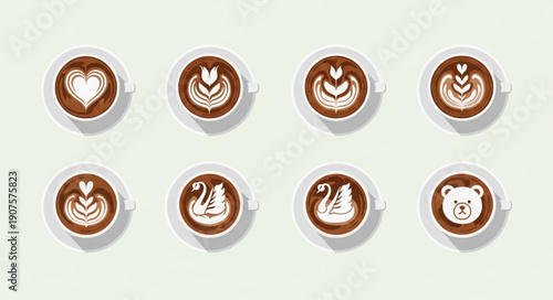 Eight cups of coffee with latte art designs.