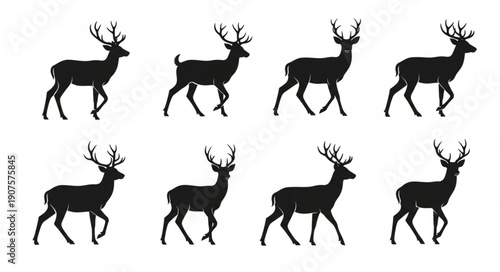 Eight Silhouettes of Deer in Various Poses.