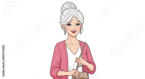 Elderly Woman with White Hair and Pink Cardigan Holding a Purse.