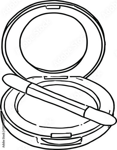 Minimalist black and white line art vector illustration of a cosmetic powder compact with an open mirror and dual-ended applicator isolated on white background