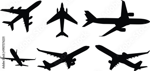 Passenger airplane silhouettes collection, commercial jet aircraft vector set, modern aviation transport illustration, isolated airline flying planes design elements bundle