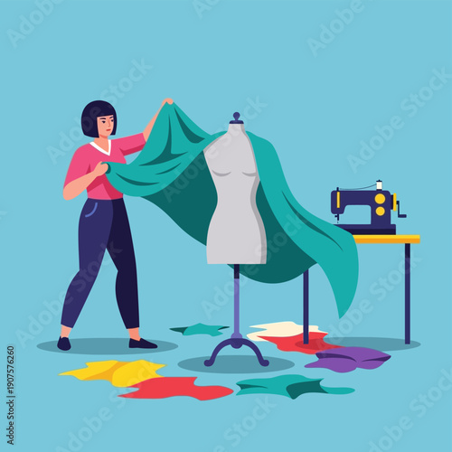 Seamstress Working on Green Fabric Dress Form.