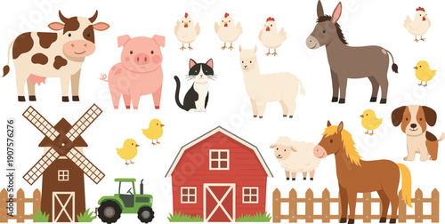 Cute farm animals and barn vector set with cow pig chicken donkey horse tractor and countryside elements isolated on white background