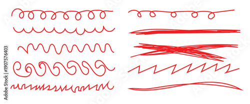 Abstract red brush strokes set, hand drawn underline and scribble texture elements. Rough wavy zigzag patterns or straight horizontal elements. Artistic sketch isolated on white background. 