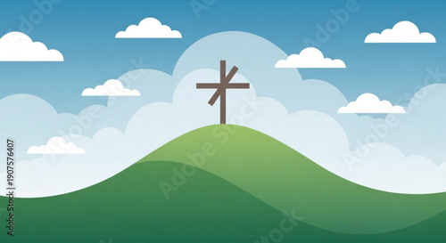 Christian cross on green hill with clouds symbolic religious illustration for faith and hope isolated on blue sky background