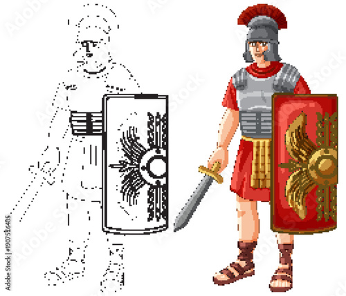 Ancient Roman Soldier Vector Illustration with Line Art and Colored Version