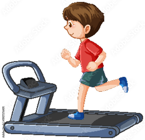 Young Boy Running on a Treadmill Vector Illustration on White Background