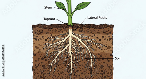 Diagram of plant root system showing taproot lateral roots and soil layers educational illustration for biology and botany