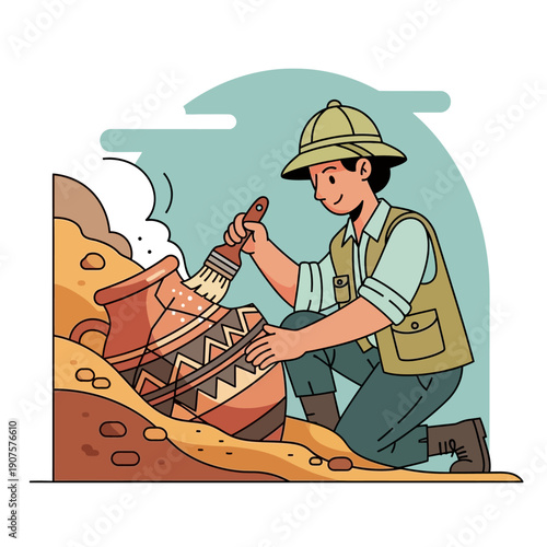 Archaeologist Uncovering Ancient Pottery Vessel.