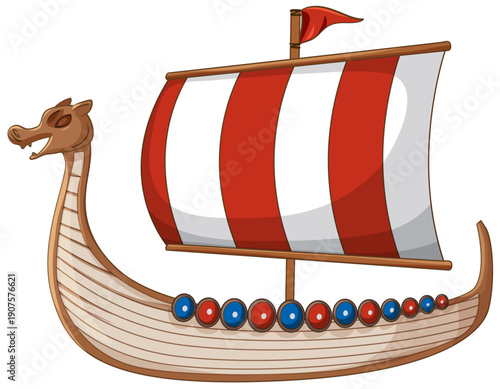 Traditional Viking Longship Vector Illustration with Dragon Figurehead and Striped Sail