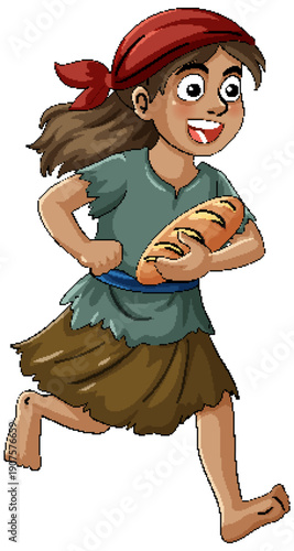Young Girl Running With Stolen Bread Cartoon Illustration