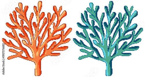 Orange and Blue Sea Coral Branch Vector Illustration Set