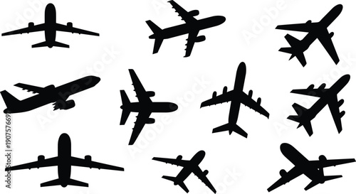 Passenger jet airplane silhouettes set, commercial aircraft top and side views vector collection, modern aviation transport illustration, isolated airline planes design pack
