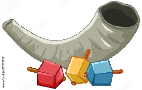 Traditional Jewish Shofar Horn with Three Colorful Dreidel Spinning Tops