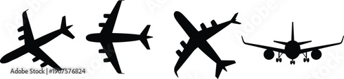 Passenger jet airplane silhouettes set, top front and angled views vector illustration, modern commercial aviation transport isolated aircraft design