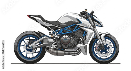 Modern White Motorcycle with Blue Accents on White Background.