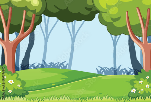 Sunny Forest Clearing with Lush Greenery and Trees