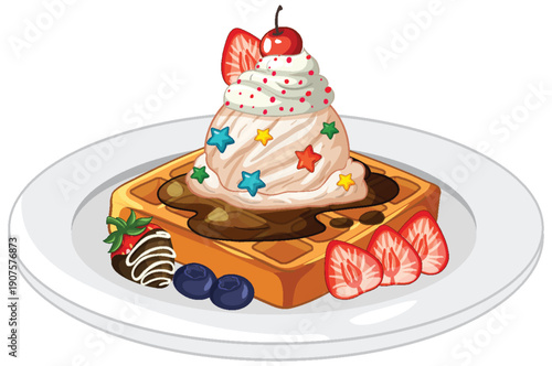 Belgian Waffle with Ice Cream Chocolate Sauce and Fresh Berries
