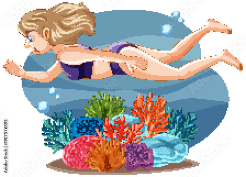 Cartoon Illustration of a Young Woman Swimming Over a Coral Reef