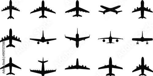Passenger jet airplane silhouettes top view collection, commercial aircraft vector set, modern airline aviation transport illustration, isolated flying planes design