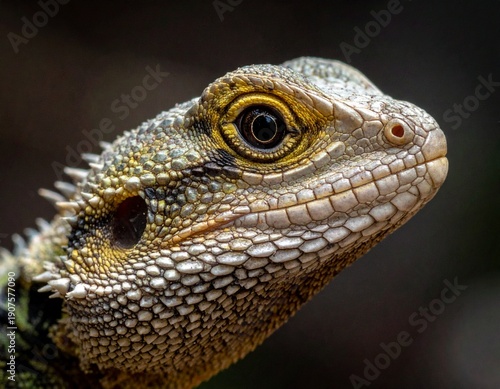 Close-up of a detailed lizard head, showcasing textured scales and captivating eye.