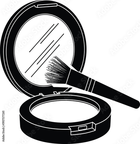 Black and white vector illustration of a cosmetic makeup powder compact with an open mirror and professional brush isolated on a white background