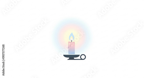 A lit candle in a black holder with a bright flame and warm glow on white background