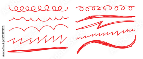 Abstract red brush strokes set, hand drawn underline and scribble texture elements. Rough wavy zigzag patterns or straight horizontal elements. Artistic sketch isolated on white background. 