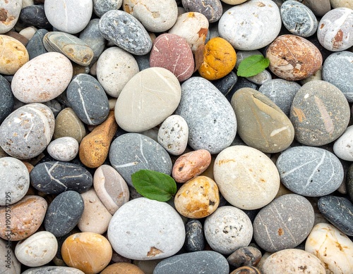 Close-up of a diverse collection of smooth, colorful river rocks and pebbles, creating a natural texture.