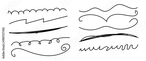 Black marker and brush stroke set, hand drawn underline and squiggle lines, artistic doodle elements for creative graphic design. Doodle underline isolated on white background.